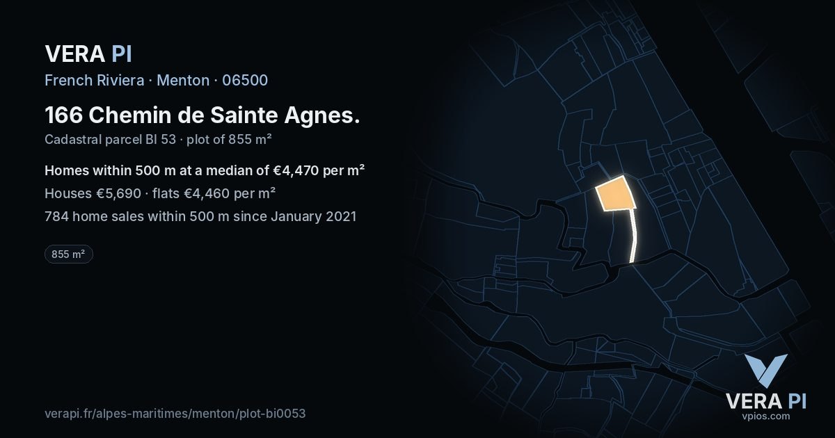 166 Chemin de Sainte Agnes, Menton at night – the plot lit, the parcels around coloured by the prices near them