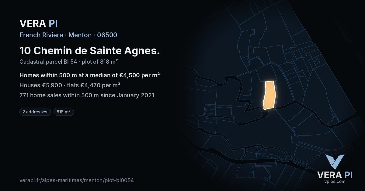 10 Chemin de Sainte Agnes, Menton at night – the plot lit, the parcels around coloured by the prices near them
