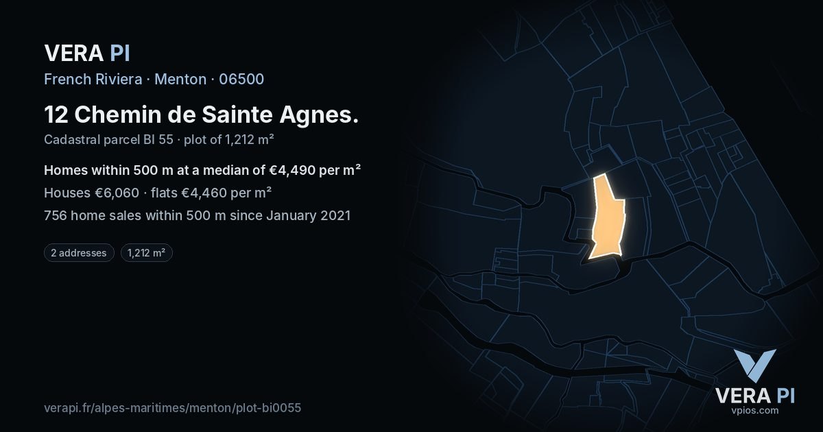 12 Chemin de Sainte Agnes, Menton at night – the plot lit, the parcels around coloured by the prices near them
