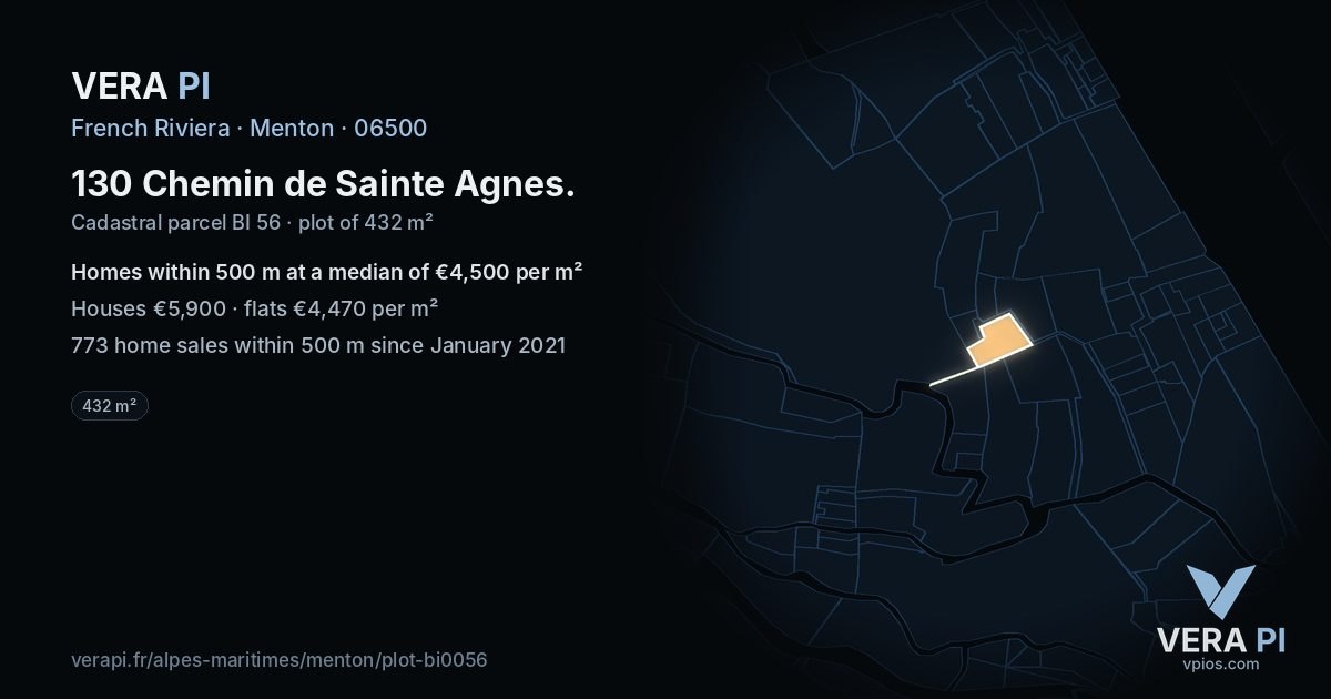 130 Chemin de Sainte Agnes, Menton at night – the plot lit, the parcels around coloured by the prices near them