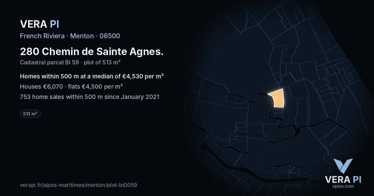 280 Chemin de Sainte Agnes, Menton at night – the plot lit, the parcels around coloured by the prices near them