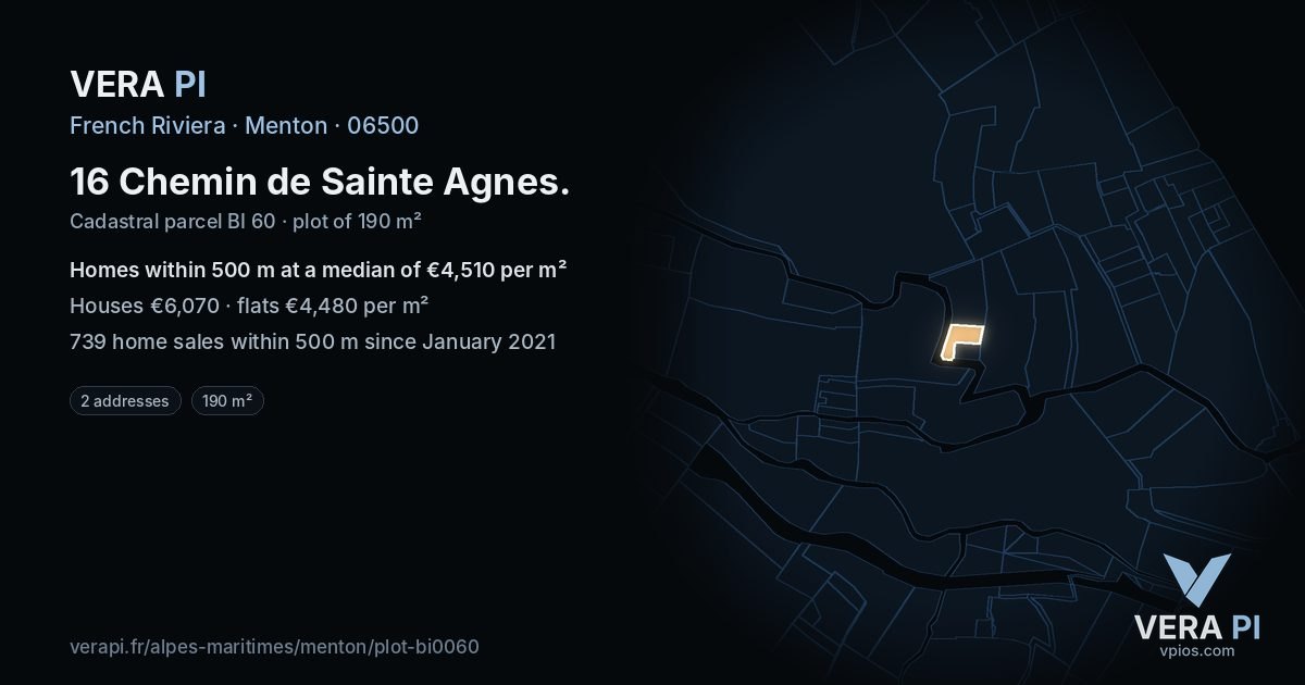16 Chemin de Sainte Agnes, Menton at night – the plot lit, the parcels around coloured by the prices near them