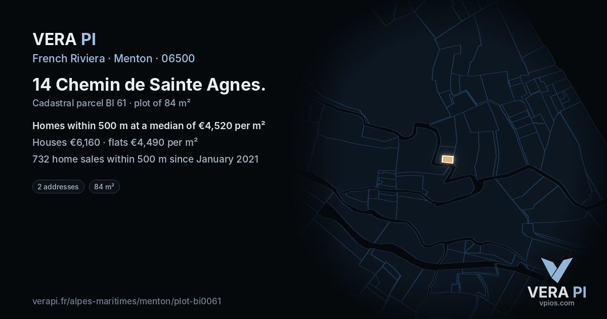 14 Chemin de Sainte Agnes, Menton at night – the plot lit, the parcels around coloured by the prices near them