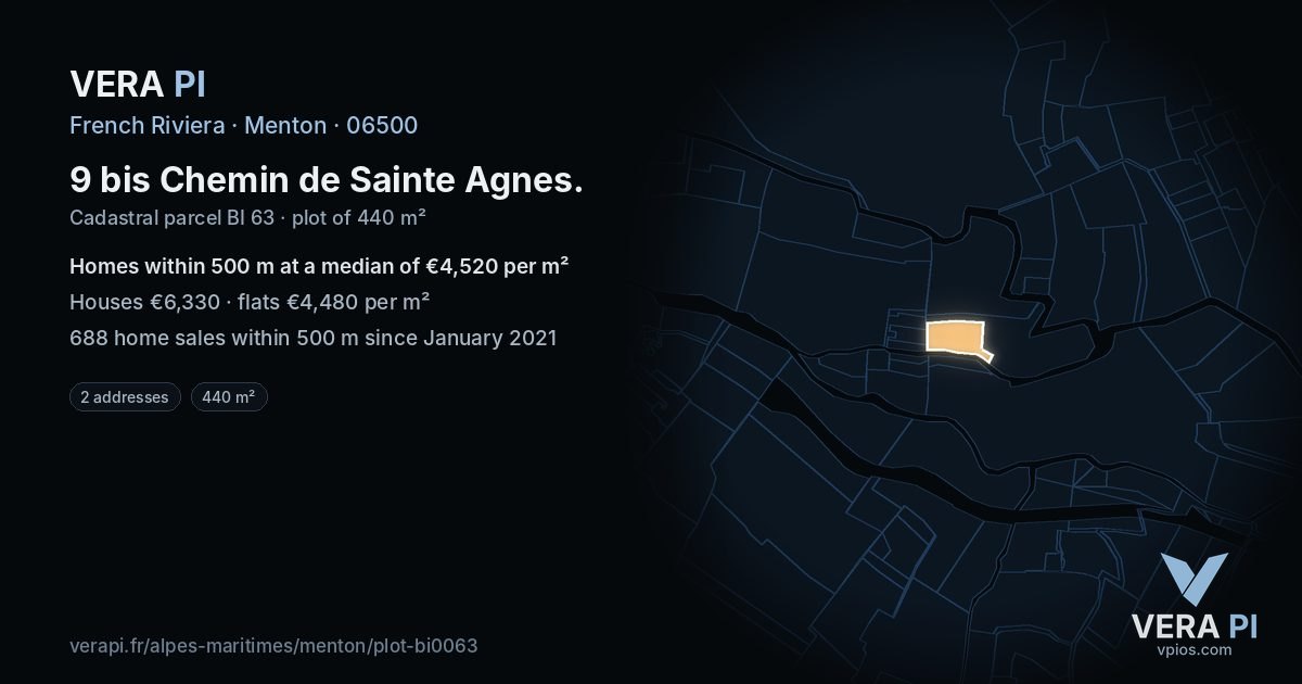 9 bis Chemin de Sainte Agnes, Menton at night – the plot lit, the parcels around coloured by the prices near them