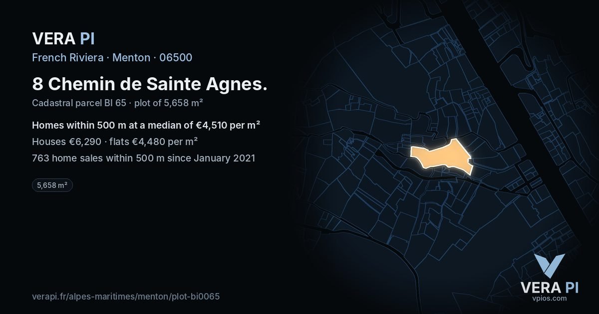 8 Chemin de Sainte Agnes, Menton at night – the plot lit, the parcels around coloured by the prices near them