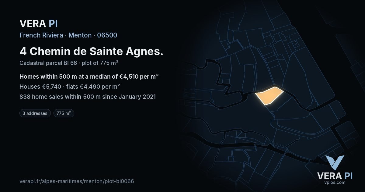 4 Chemin de Sainte Agnes, Menton at night – the plot lit, the parcels around coloured by the prices near them