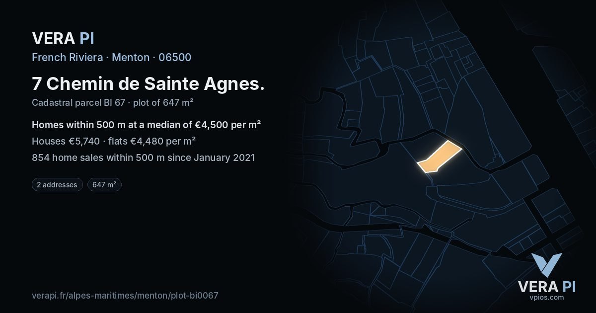 7 Chemin de Sainte Agnes, Menton at night – the plot lit, the parcels around coloured by the prices near them