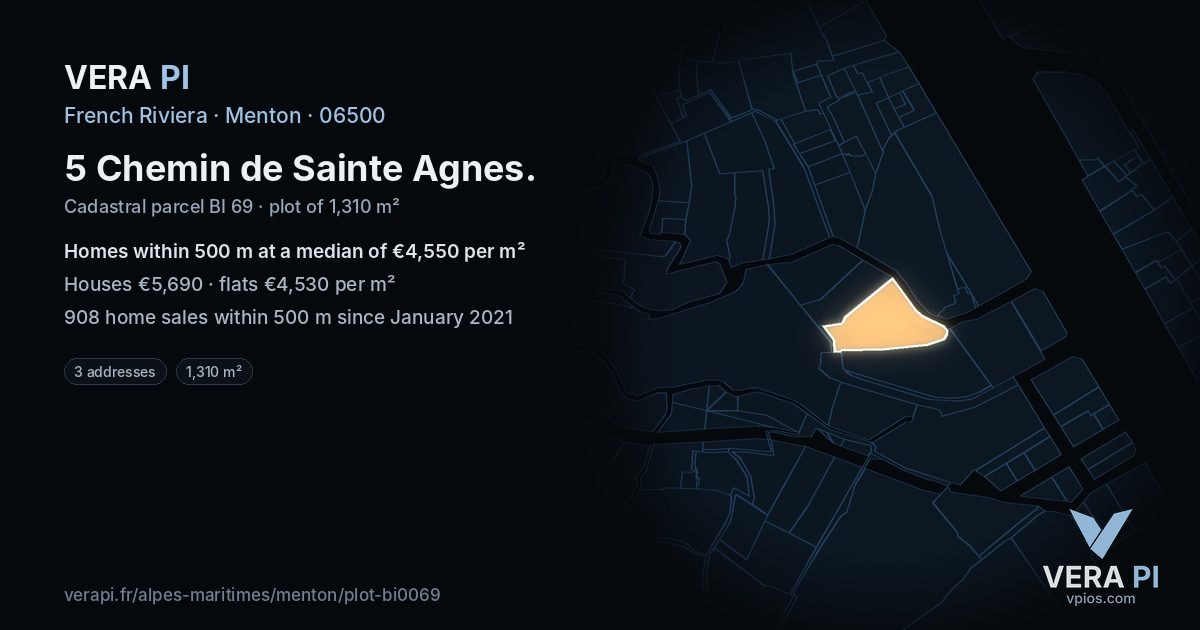 5 Chemin de Sainte Agnes, Menton at night – the plot lit, the parcels around coloured by the prices near them