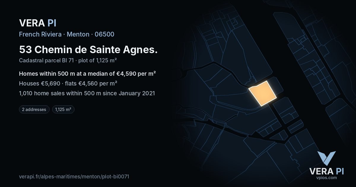 53 Chemin de Sainte Agnes, Menton at night – the plot lit, the parcels around coloured by the prices near them