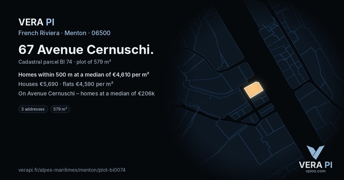 67 Avenue Cernuschi, Menton at night – the plot lit, the parcels around coloured by the prices near them
