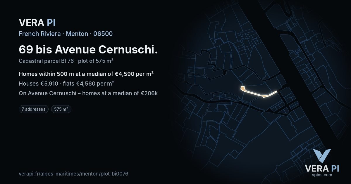 69 bis Avenue Cernuschi, Menton at night – the plot lit, the parcels around coloured by the prices near them