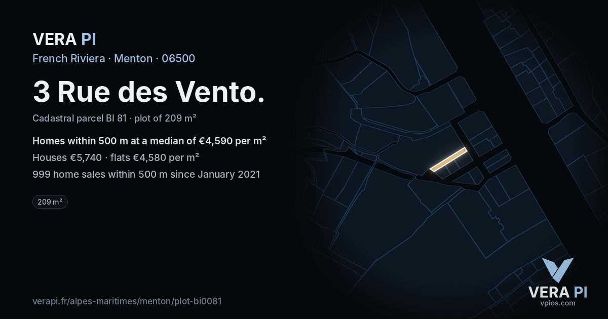 3 Rue des Vento, Menton at night – the plot lit, the parcels around coloured by the prices near them