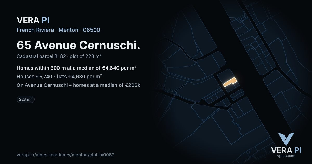 65 Avenue Cernuschi, Menton at night – the plot lit, the parcels around coloured by the prices near them
