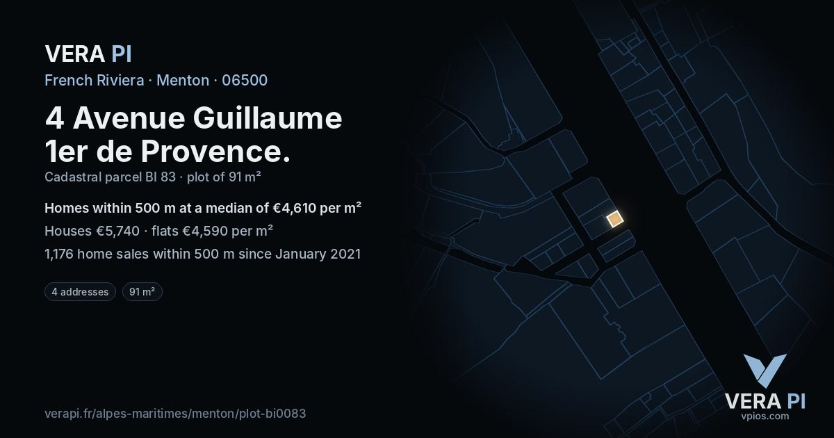 4 Avenue Guillaume 1er de Provence, Menton at night – the plot lit, the parcels around coloured by the prices near them