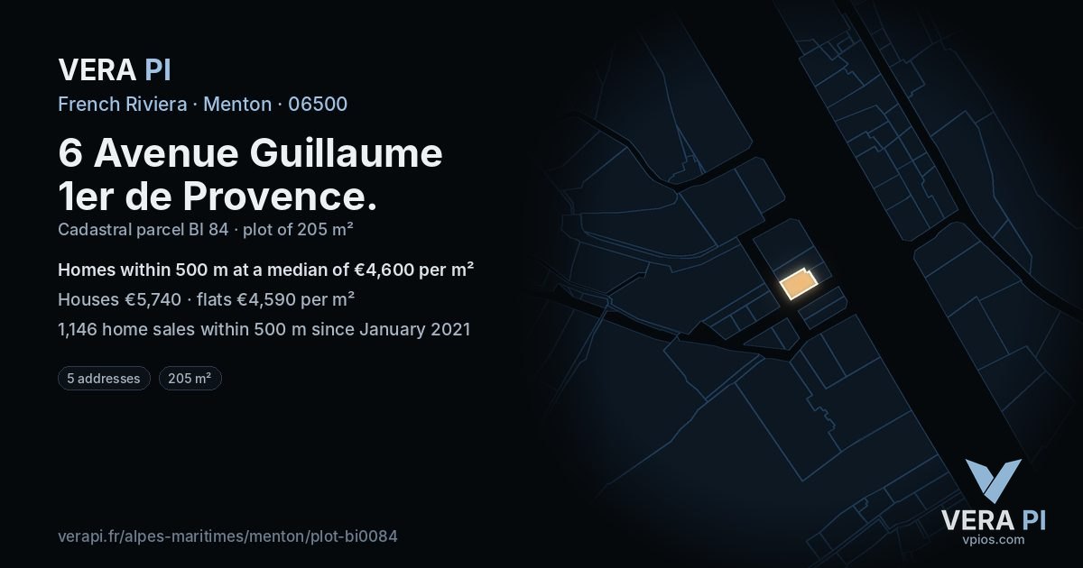 6 Avenue Guillaume 1er de Provence, Menton at night – the plot lit, the parcels around coloured by the prices near them