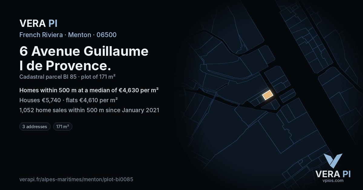 6 Avenue Guillaume I de Provence, Menton at night – the plot lit, the parcels around coloured by the prices near them