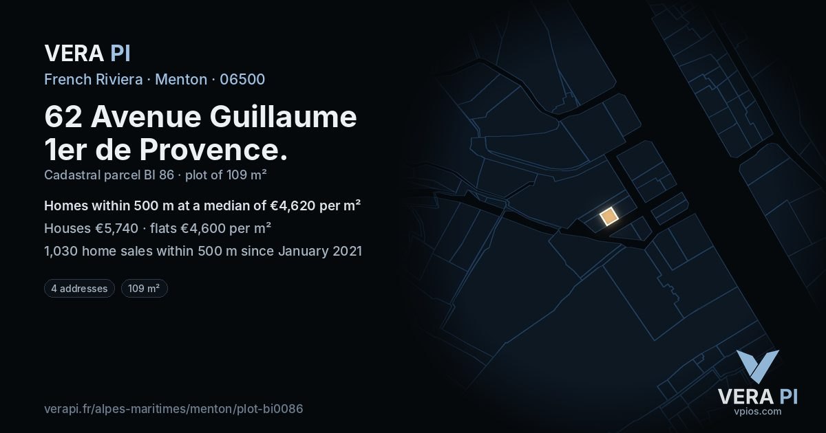 62 Avenue Guillaume 1er de Provence, Menton at night – the plot lit, the parcels around coloured by the prices near them