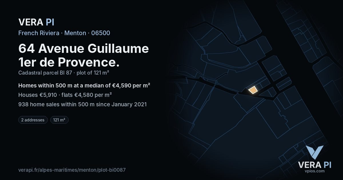 64 Avenue Guillaume 1er de Provence, Menton at night – the plot lit, the parcels around coloured by the prices near them