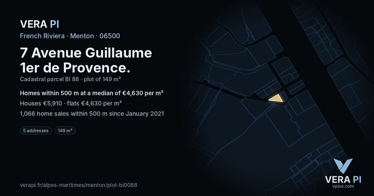 7 Avenue Guillaume 1er de Provence, Menton at night – the plot lit, the parcels around coloured by the prices near them