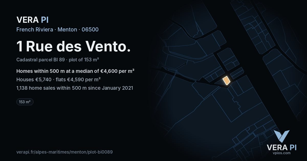 1 Rue des Vento, Menton at night – the plot lit, the parcels around coloured by the prices near them