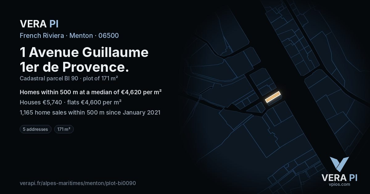 1 Avenue Guillaume 1er de Provence, Menton at night – the plot lit, the parcels around coloured by the prices near them
