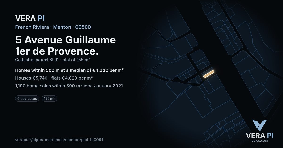 5 Avenue Guillaume 1er de Provence, Menton at night – the plot lit, the parcels around coloured by the prices near them