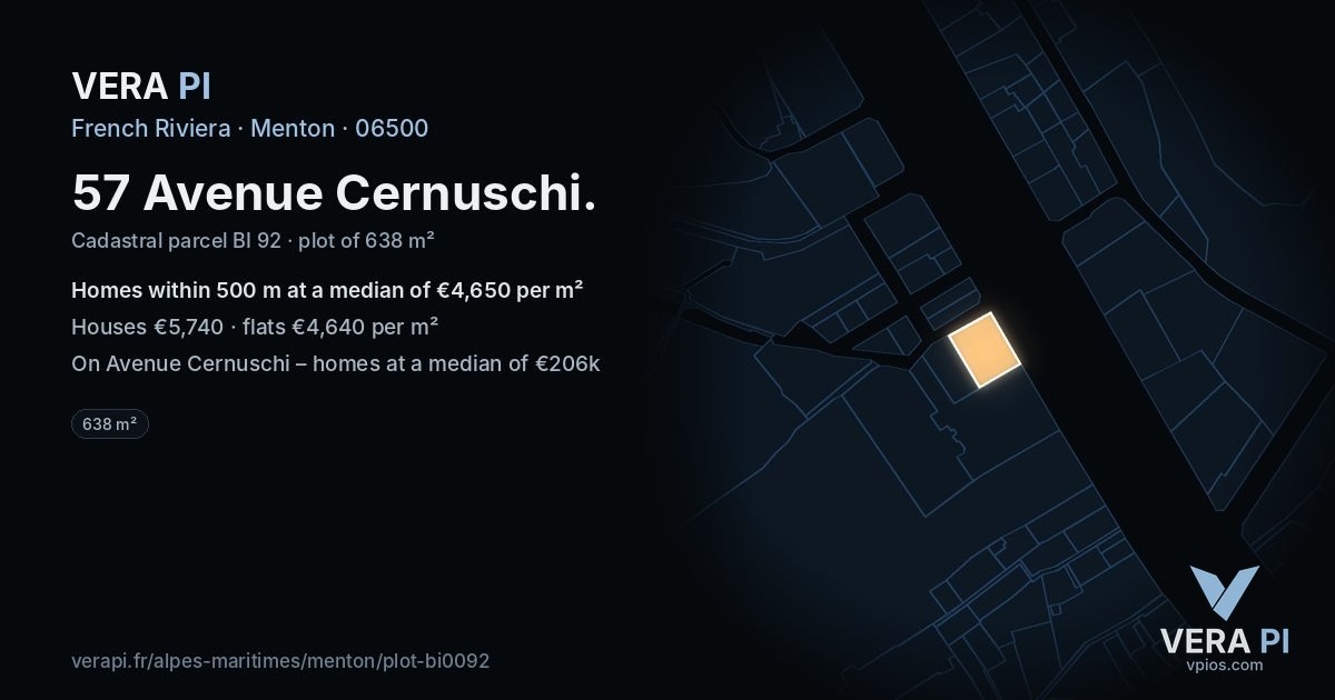 57 Avenue Cernuschi, Menton at night – the plot lit, the parcels around coloured by the prices near them
