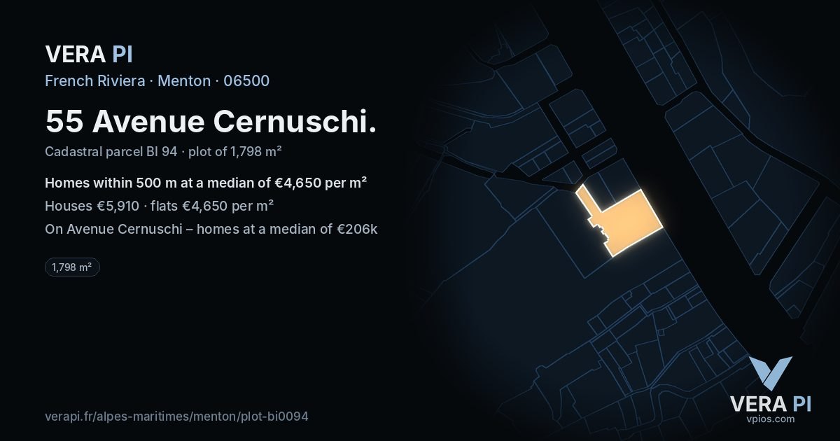 55 Avenue Cernuschi, Menton at night – the plot lit, the parcels around coloured by the prices near them