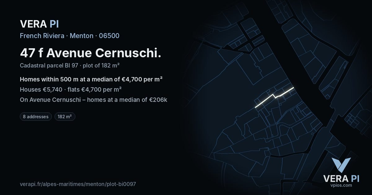47 f Avenue Cernuschi, Menton at night – the plot lit, the parcels around coloured by the prices near them