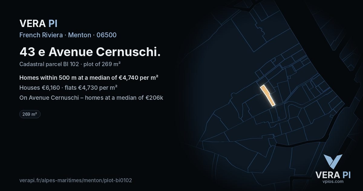 43 e Avenue Cernuschi, Menton at night – the plot lit, the parcels around coloured by the prices near them