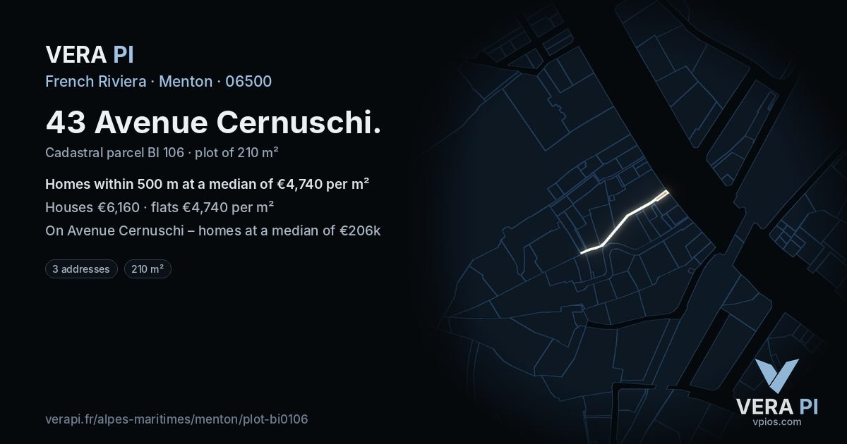 43 Avenue Cernuschi, Menton at night – the plot lit, the parcels around coloured by the prices near them