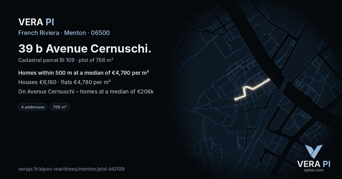 39 b Avenue Cernuschi, Menton at night – the plot lit, the parcels around coloured by the prices near them