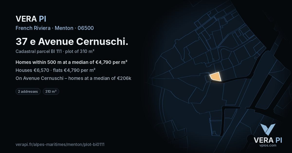 37 e Avenue Cernuschi, Menton at night – the plot lit, the parcels around coloured by the prices near them
