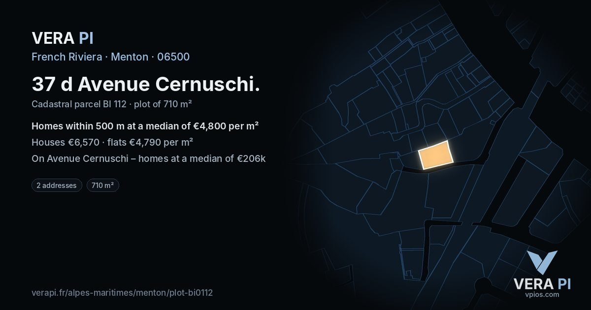37 d Avenue Cernuschi, Menton at night – the plot lit, the parcels around coloured by the prices near them