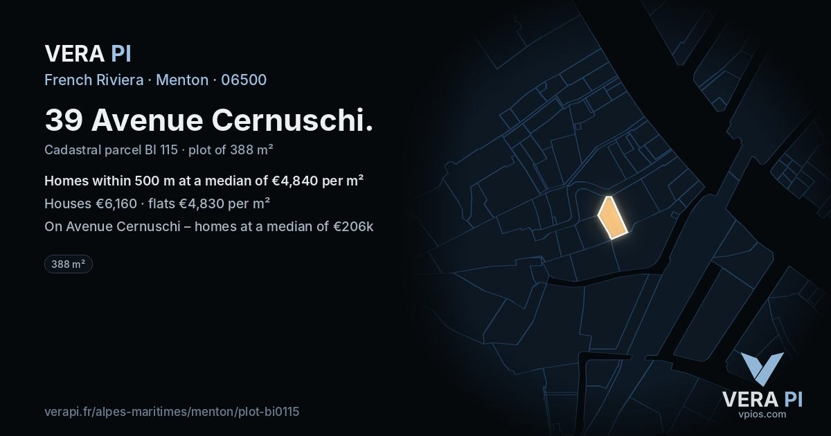 39 Avenue Cernuschi, Menton at night – the plot lit, the parcels around coloured by the prices near them