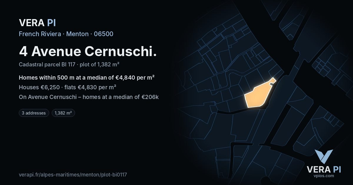 4 Avenue Cernuschi, Menton at night – the plot lit, the parcels around coloured by the prices near them