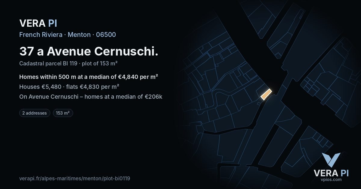 37 a Avenue Cernuschi, Menton at night – the plot lit, the parcels around coloured by the prices near them