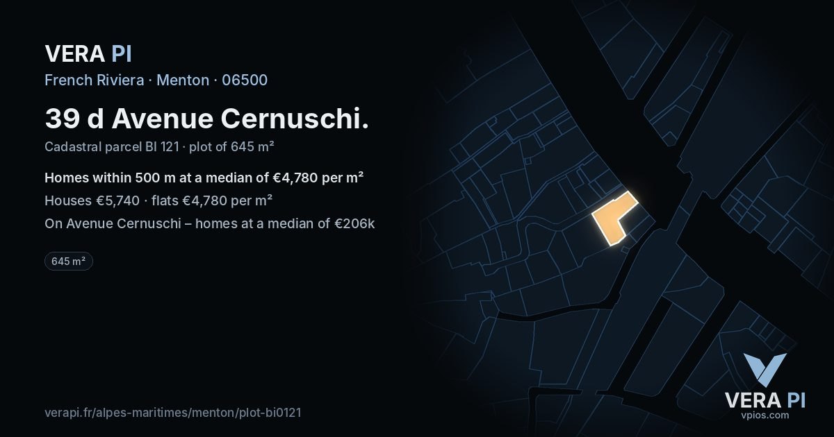 39 d Avenue Cernuschi, Menton at night – the plot lit, the parcels around coloured by the prices near them
