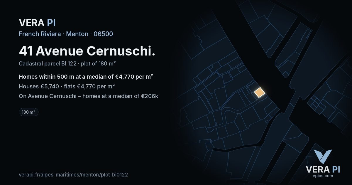 41 Avenue Cernuschi, Menton at night – the plot lit, the parcels around coloured by the prices near them