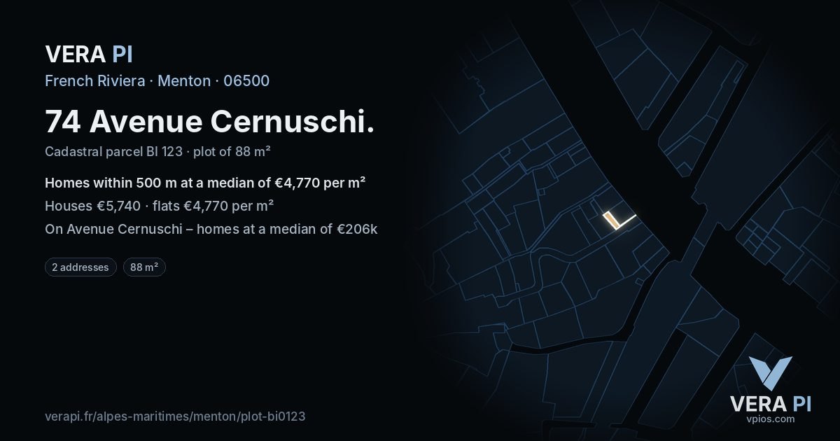 74 Avenue Cernuschi, Menton at night – the plot lit, the parcels around coloured by the prices near them