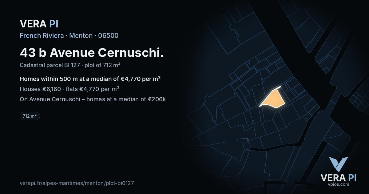 43 b Avenue Cernuschi, Menton at night – the plot lit, the parcels around coloured by the prices near them