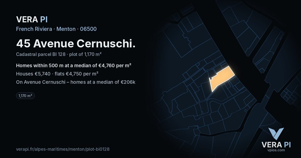 45 Avenue Cernuschi, Menton at night – the plot lit, the parcels around coloured by the prices near them