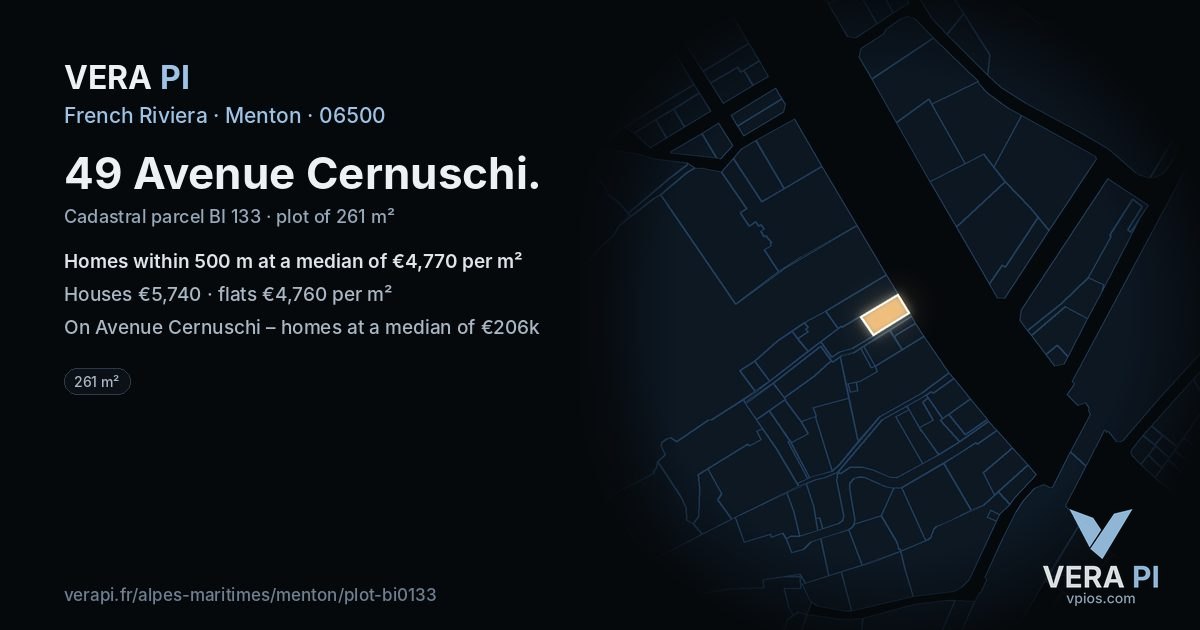 49 Avenue Cernuschi, Menton at night – the plot lit, the parcels around coloured by the prices near them