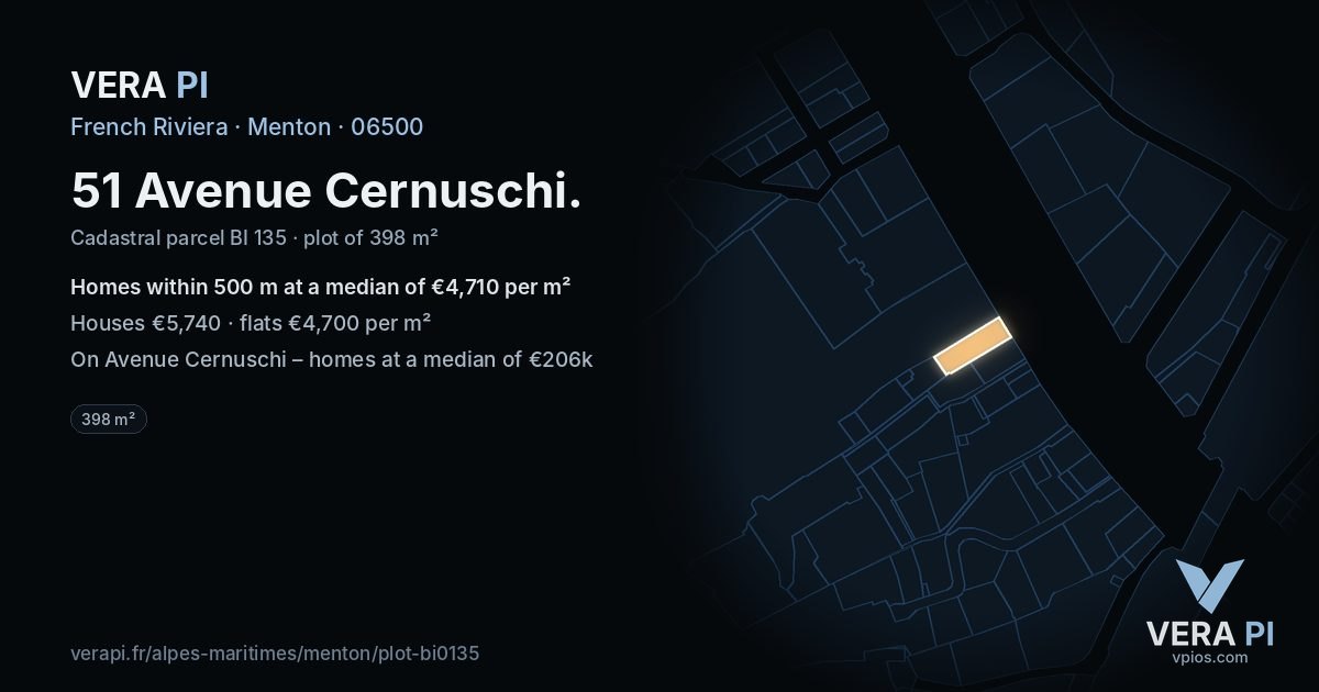51 Avenue Cernuschi, Menton at night – the plot lit, the parcels around coloured by the prices near them