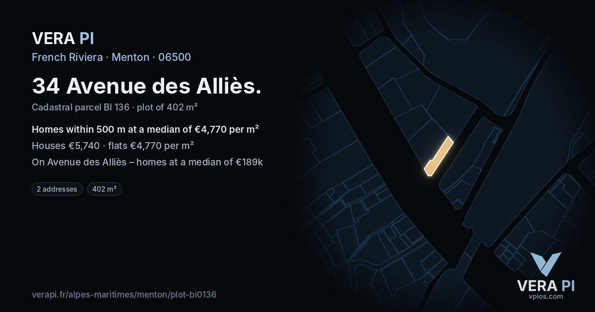 34 Avenue des Alliès, Menton at night – the plot lit, the parcels around coloured by the prices near them