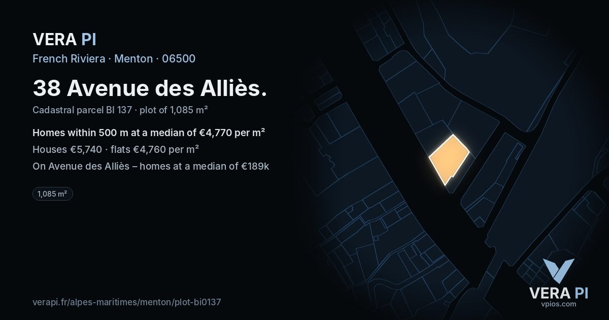38 Avenue des Alliès, Menton at night – the plot lit, the parcels around coloured by the prices near them