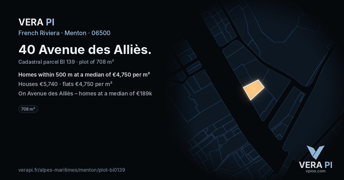 40 Avenue des Alliès, Menton at night – the plot lit, the parcels around coloured by the prices near them