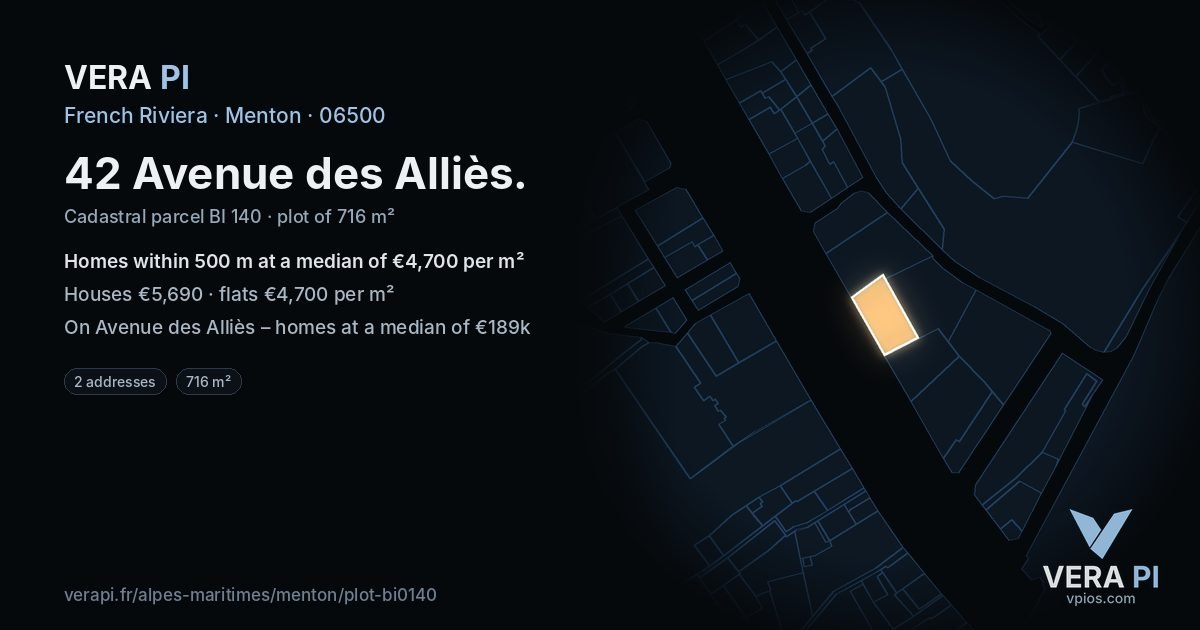 42 Avenue des Alliès, Menton at night – the plot lit, the parcels around coloured by the prices near them
