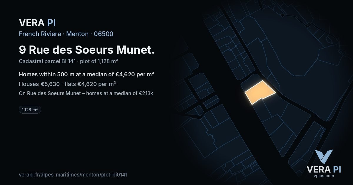 9 Rue des Soeurs Munet, Menton at night – the plot lit, the parcels around coloured by the prices near them