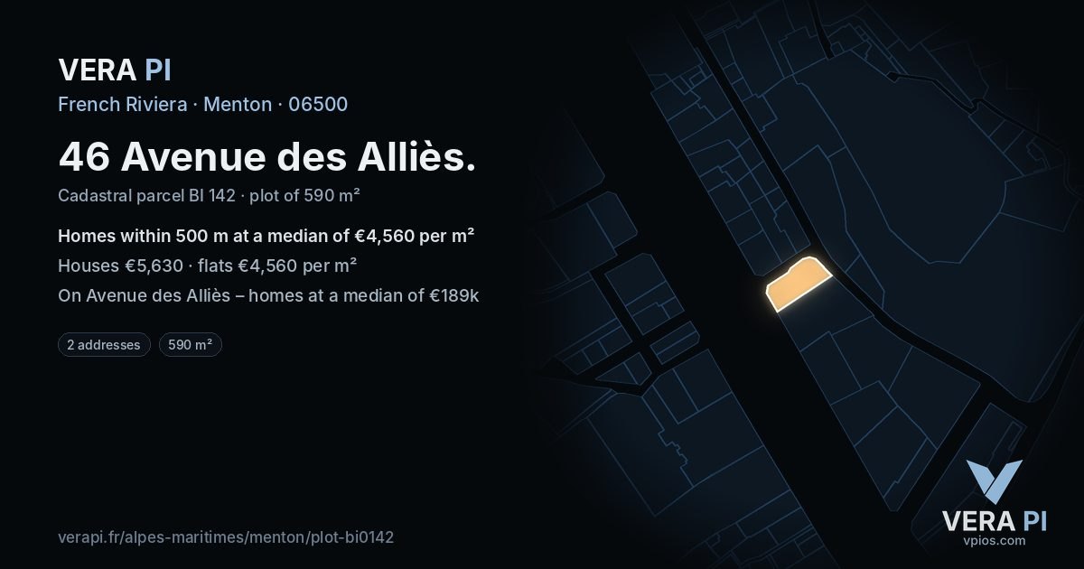 46 Avenue des Alliès, Menton at night – the plot lit, the parcels around coloured by the prices near them
